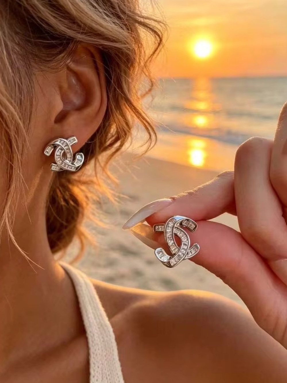 Silver Crystal CC Interlocking Logo Stud Earrings - Women Jewelry